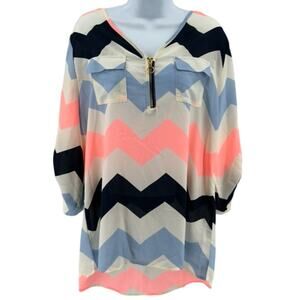 Rue 21 Tunic Top WMNS XL Sheer V-Neck Zip Up White Pink Chevron Roll Tab Sleeves